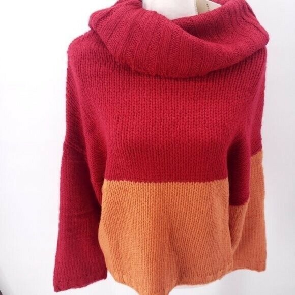 PEPALOVES Colorblock Sweater Turtleneck Red Orange - Picture 2 of 7